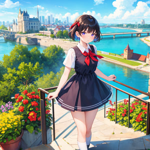 (masterpiece,newest,exceptional:1.2), anime,1girl,bangs,black_hair, beautiful 8k eyes,blue_sky,bridge,building,castle,city,cityscape,cloud,day,dress,looking_at_viewer,outdoors,red_neckwear,red_ribbon,ribbon,river,short_hair,short_sleeves,sky,skyscraper,solo,standing,town,water