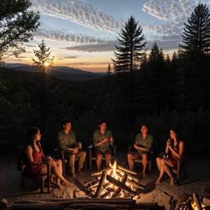 (highres:1.2),dramatic lighting,crackling flames,warm atmosphere,gathering,nighttime setting,cozy scene,flickering firelight,forest backdrop,roaring fire,smoke rising,people sitting around the fire,enjoying company,crisp air,stars in the sky,soft glow,magical ambiance,shadows dancing,marshmallow roasting,campfire songs