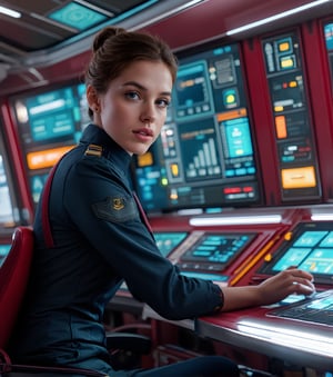 a deputy captain in a spaceship, highly detailed, 8k, photorealistic, cinematic lighting, dynamic pose, breathtaking composition, seamless blending of futuristic elements, vibrant colors, glossy metallic surfaces, advanced technology, sleek and modern design, intricate control panel, holographic displays, glowing energy fields, vast cosmic backdrop, sense of awe and wonder