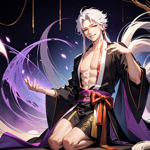 There is one young handsome thin man, a male nine-tailed silver fox from Japanese mythology with long hair, in clothes, his nine tails spread like a fan behind his back, he laughs, he smiles thoughtfully, (masterpiece), full-length, facing the viewer, surrealism, fantastic lighting, fireflies, sequins, the overall tone is silvery-purple