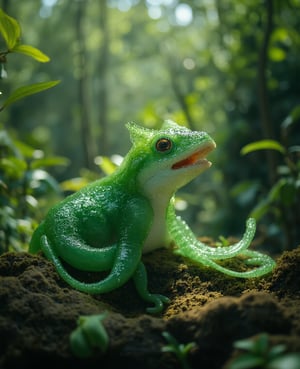 A slimy, oozing creature, green in color, with a translucent, amorphous body, sitting on a rock in a lush, verdant forest setting, with sunlight filtering through the leaves, creating a magical, otherworldly atmosphere, highly detailed, 8k, photorealistic, intricate textures, glowing highlights, dynamic lighting