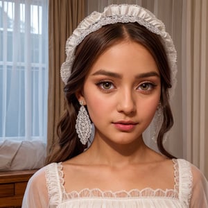 a maid wearing a cute and frilly maid outfit, beautiful detailed eyes, beautiful detailed lips, extremely detailed face, long eyelashes, beautiful maid headdress, high quality maid uniform, detailed frills and ribbons, intricate lace patterns, window lighting, photorealistic, 8k, high quality, masterpiece, detailed texture, warm color tones, soft lighting, delicate and elegant