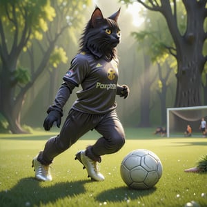 A whimsical scene unfolds as a sleek black cat dons a miniature soccer jersey and cleats, its eyes gleaming with mischief. The camera captures a tight shot of the feline's paws expertly controlling the ball on a lush green grassy field, sunlight casting long shadows behind the goalpost. The cat's agile body is frozen in mid-stride, as if poised to make a swift move around an opponent.