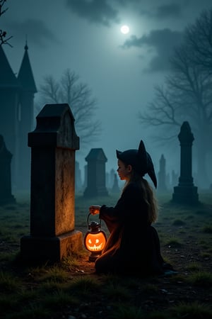 A witch's cackle echoes through a foggy graveyard at midnight on Halloween night. A young girl, dressed in a black cat costume, kneels beside a crumbling tombstone, her glowing jack-o'-lantern lantern casting an eerie glow. The moon hides behind thick clouds, and the air is heavy with mist and mystery.