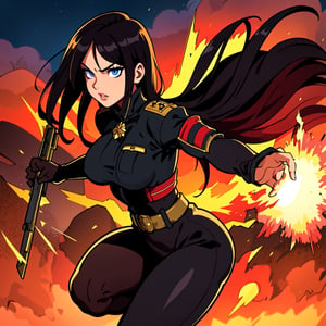 a girl holding a weapon,detailed eyes,detailed lips,extremely detailed eyes and face,long eyelashes,confident expression,black hair,flowing hair,military outfit,crouching position,backlit scene,dramatic lighting,energetic pose,action-packed atmosphere,dust particles in the air,intense colors,strong contrast,glass shards flying in the background,crumbling cityscape,fire and smoke effects,gritty texture,highly detailed weapon,masterpiece quality,ultra-detailed,photo-realistic,sharp focus,vivid colors