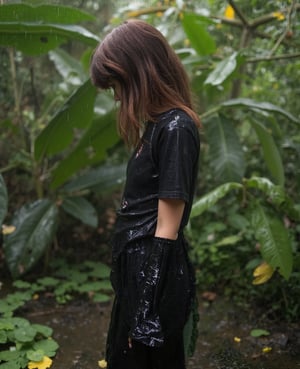 1girl in garden ,rain, skirt, shirt black