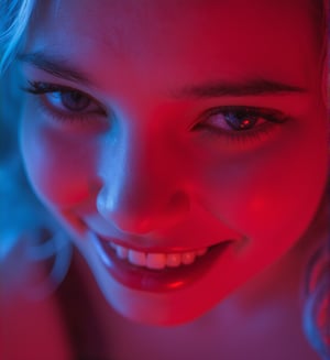 a close up of a kfukvf-1990, smiling, with blue and pink hair, a character portrait, inspired by Cindy Sherman, unsplash, red and cinematic lighting, portrait of a young teenage girl, fisheye portrait, XF35mmF1.4 R, ƒ/2.8, 35.0 mm, 1/200, ISO 500