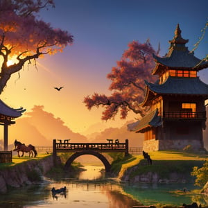 masterpiece, high quality, high resolution,8k, chinese painting ,, Withered vines, aged ((trees)), dusk ((crows)) cawing free,, ((a small bridge)), flowing water, (((a humble dwelling))), (a horse:1.6),, Westward blows the chilly wind on ((an ancient path)),, As the sun sets, my heart aches with a lonely wrath,,