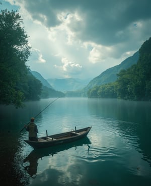 a fisherman fishing in a tranquil lake, intricate details, beautiful scenery, serene atmosphere, (best quality,8k,highres,masterpiece:1.2),ultra-detailed,(realistic,photorealistic,photo-realistic:1.37),HDR,UHD,studio lighting,extreme detail description,professional,vivid colors,landscape,natural lighting,beautiful reflections on water,dramatic cloudy sky,lush green foliage,old wooden boat,fishing rod with line in water,fisherman wearing traditional hat and clothes