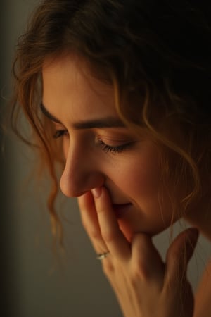 A sorrowful woman weeps uncontrollably, tears streaming down her face like a river. Soft focus, warm lighting illuminates the scene, capturing the anguish in her eyes. Her shoulders hunch forward, and her head tilts downward as she mourns, a single tear welling up at the corner of her eye, glistening like a tiny pearl.