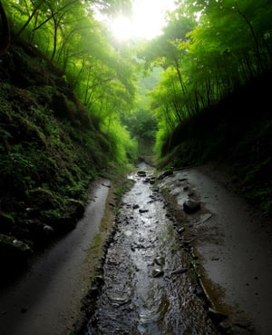 a small arroyo passing through a damp ground, detailed rock formations, mossy banks, lush greenery, sunlight filtering through the trees, serene atmosphere, realistic, photorealistic, photo-realistic:1.37, (best quality,4k,8k,highres,masterpiece:1.2),ultra-detailed, vivid colors, natural lighting, atmospheric, tranquil, picturesque landscape, intricate details, stunning scenery,girl