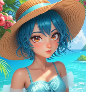 anime girl with blue hair wearing a straw hat and a blue dress, artwork in the style of guweiz, beautiful anime portrait, guweiz, beautiful anime girl, beautiful anime style, anime girl with teal hair, anime style. 8k, in the art style of bowater, beautiful digital illustration, beautiful character painting, stunning anime face portrait