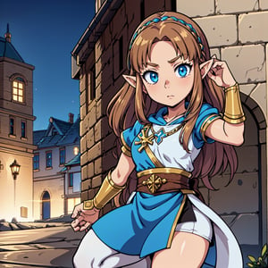 A full-body shot of Princess Zelda, brown hair, blue eyes, dressed as an Assassin from Assassins Creed, in white+gold witha white mask and hood with gold details, XL bust, using a wrist blade. Background: A city during the renaissance period. Unreal Engine 5, Anime, Anime style, Masterpiece, Well drawn eyes, well drawn face, well detailed eyes, well detailed face, 8k, light and shadow effect.