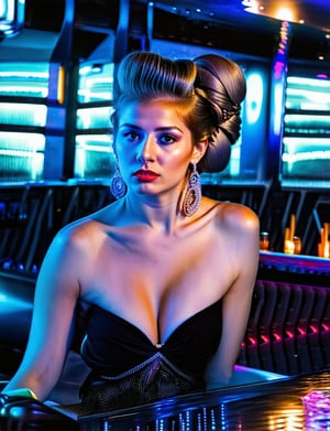  Portrait of Abigail: a stunning woman with an updo, sitting at the bar in a nightclub. This masterpiece is of the best quality, ultra-detailed, and perfect for an 8k HDR wallpaper. Featuring cinematic lighting with sharp focus and intricate details.