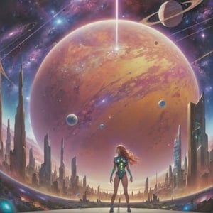 there is a woman standing in front of a painting of a planet, futuristic city in background, psytrance artwork, interconnected human lifeforms, panoramic view of girl, progressive rock album cover, dream of the endless, star dust, galaxy, stoner rock --ar 16:9 --v 5.1