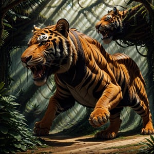 (best quality,4k,8k,highres,masterpiece:1.2),ultra-detailed,(realistic,photorealistic,photo-realistic:1.37),saber-toothed tiger with vibrant fur,sharp canines,strikingly detailed eyes,thick tufts of fur around the neck,ferociously detailed facial features,exquisite muscle definition,strong and powerful body,impeccable sense of realism and authenticity,surrealistic landscape backdrop featuring a prehistoric forest with ancient trees and lush vegetation,mesmerizing play of sunlight and shadows,powerful and dramatic lighting,brilliantly colored with vibrant hues and rich tones,enhanced with HDR to bring out every intricate detail,toothed tiger appears like a majestic predator frozen in time and space,portrays the essence of ancient and mystical wilderness,evoke a sense of awe and fear,creates a breathtaking and awe-inspiring masterpiece.