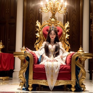 A beautiful young Queen, elegant facial features, long flowing hair, detailed crown, detailed royal gown, impressive throne room, ornate furniture, elaborate chandelier, dramatic lighting, cinematic camera angle, highly detailed, photorealistic, 8k, masterpiece, oil painting, vibrant colors, chiaroscuro lighting