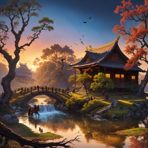 masterpiece, high quality, high resolution,8k, chinese painting ,, Withered vines, aged ((trees)), dusk ((crows)) cawing free,, ((a small bridge)), flowing water, (((a humble dwelling))), (a horse:1.6),, Westward blows the chilly wind on ((an ancient path)),, As the sun sets, my heart aches with a lonely wrath,,