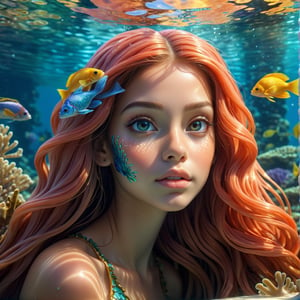  a mermaid princess, extremely detailed, beautiful face, long flowing hair, underwater scene, coral reef, schools of tropical fish, sunlight shimmering through the water, intricate seaweed and kelp, photorealistic, digital art, award winning, 8k, hyper detailed,GIRL