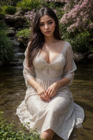 A surreal, dreamlike scene with a young woman in a serene garden, (1girl, beautiful detailed eyes, beautiful detailed lips, extremely detailed face, longeyelashes, elegant dress, serene expression), a flowing river, colorful flowers, floating islands, fantasy architecture, (surreal, dreamlike, magical realism:1.2), (best quality,8k,highres,masterpiece:1.2),ultra-detailed, vibrant colors, dramatic lighting, cinematic composition