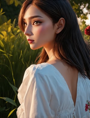 a beautiful girl in a garden, back view, long hair, wearing a white dress, looking at the sunset, detailed face, detailed eyes, beautiful detailed lips, extremely detailed face and eyes, longeyelashes, intricate floral patterns, lush vegetation, warm lighting, cinematic composition, vibrant colors, photorealistic, (best quality,4k,8k,highres,masterpiece:1.2),ultra-detailed,(realistic,photorealistic,photo-realistic:1.37),cinematic lighting,soft focus