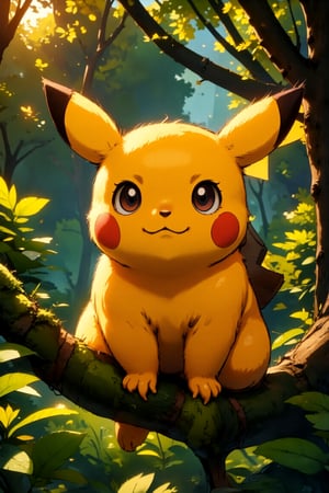 A cute pikachu, hyper-realistic, highly detailed, extremely detailed, extremely detailed face and eyes, vibrant colors, dynamic pose, sitting on a branch, in a lush forest, golden hour lighting, cinematic, photorealistic, 8k, best quality