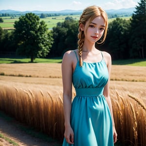 1girl, 20 years old, tall and attractive, wearing a cute country dress, hair braided, standing in a rustic farm setting. She has a soft, gentle smile and expressive eyes. In the background are charming barns, golden wheat fields and clear blue skies. The composition should be bathed in warm golden hour light, with soft depth of field and soft bokeh to accentuate the idyllic tranquility. Capture images as if they were shot on vintage 35mm film for added oomph, filmg,