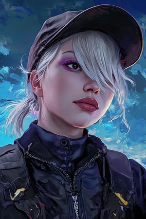 masterpiece, best quality, 4k, UHD, mishoujo, painting, beautiful eyes and detailed face, illustration, beautiful detailed, high resolution illustration, glowing_white_particles, 1girl, white hair, light purple eye, hair over one eye, short sidetail, baseball cap,expressionless, window shade, black jacket, chest rig, cyberpunk, techwear,(Impressionism:1.4), Vincent van Gogh