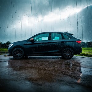 a car parked on a rainy road,cloudy sky,detailed rain drops,dramatic lighting,moody atmosphere,cinematic,photorealistic,ultra-detailed,8k,HDR,vibrant colors,natural lighting,realistic reflections,wet ground,puddles,realistic textures