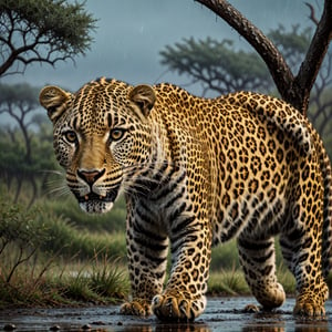 a leopard in a rainy savanna at dusk, realistic, 4k, extremely detailed, highly detailed animal, realistic fur, realistic lighting, dramatic lighting, moody atmosphere, muted colors, beautiful cinematic composition, photorealistic, award winning photograph