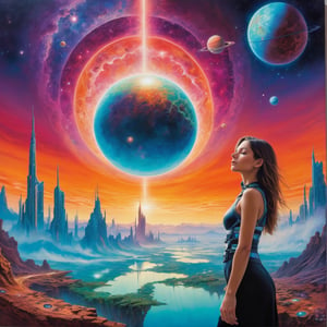 there is a woman standing in front of a painting of a planet, futuristic city in background, psytrance artwork, interconnected human lifeforms, panoramic view of girl, progressive rock album cover, dream of the endless, star dust, galaxy, stoner rock --ar 16:9 --v 5.1