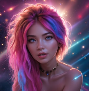 Close-up of a woman with colorful hair and necklace, anime girl with cosmic hair, Rossdraws' soft vitality, Guvez style artwork, fantasy art style, colorful], vibrant fantasy style, Rossdraws cartoon full of vitality, cosmic and colorful, Guweiz, colorful digital fantasy art, stunning art style, beautiful anime style, full body lighting, skin brightening, sexy expression