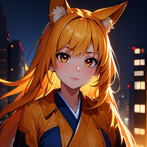 ((Best Quality, 8K, Masterpiece: 1.3)), 1girl, Fox-looking Slim with 9 syrups and with a burning golden on a dark night with a Japanese city with ambient lights and a gloomy lighting focus on the girl and with lus and shadow effects caused by the illuminated aura.