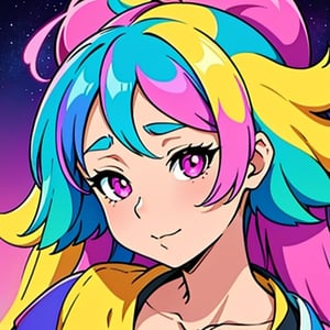 a close up of a woman with colorful hair and a necklace, anime girl with cosmic hair, rossdraws pastel vibrant, artwork in the style of guweiz, fantasy art style, colorful]”, vibrant fantasy style, rossdraws cartoon vibrant, cosmic and colorful, guweiz, colorfull digital fantasy art, stunning art style, beautiful anime style