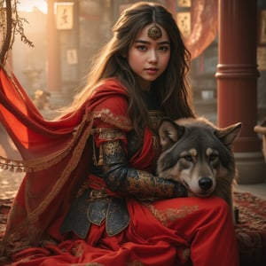 (A red and gold image of a young girl as a warrior woman, dressed in fine armor, with a large gray wolf next to her with it's head nestled on the girl's lap, in the background of an oriental-style scene), masterpiece, HDR, depth of field, wide view, bright background, raytraced, full length body, unreal, mystical, luminous, surreal, high resolution, sharp details, with a dreamy glow, translucent, beautiful, stunning, a mythical being exuding energy, textures, breathtaking beauty, pure perfection, with a divine presence, unforgettable, and impressive.