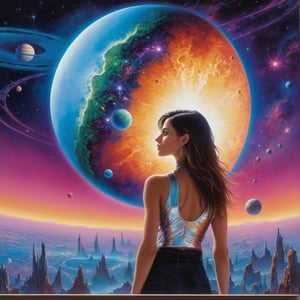 there is a woman standing in front of a painting of a planet, futuristic city in background, psytrance artwork, interconnected human lifeforms, panoramic view of girl, progressive rock album cover, dream of the endless, star dust, galaxy, stoner rock --ar 16:9 --v 5.1