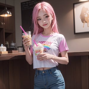 anipoma1, (masterpiece, best illustration, best manga), solo, 1girl, violet eyes, (shiny skin, soft hair), (holding a milkshake), freckles, (bright pink two tone hair:1.3), (wearing a led zepplin tshirt, denim jeans), (extreme light and shadow, volumetric lighting, rim lighting), (daylight:.5), (rainbow lights, light leak), (seductive, smirk), (solo), mangadusk1, manwha1