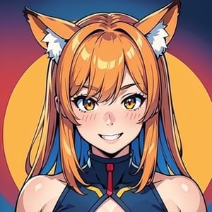 ((masterpiece, realistic, best quality, extremely intricate, solo, 1girl)), color connection, colorized, vibrant color scheme, colorful, spot color, (portrait, face focus), nose blush, sensual, cellar, noon, (grin:1.2), hair between eyes, fox ears