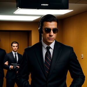 a secret agent in a high-tech spy headquarters, wearing a sleek black suit, holding a silenced pistol, with intense focused eyes and a calm demeanor, surrounded by advanced surveillance equipment and computer screens, surrounded by a team of highly trained fellow agents, communicating through earpieces, with a mission to infiltrate a top-secret facility, with a gritty and realistic artistic style, featuring vibrant and bold colors, illuminated by dramatic and dynamic lighting, capturing the suspense and excitement of espionage (best quality, ultra-detailed, realistic:1.37), high-tech materials, detailed textures, sharp focus, professional artwork, intense shadows, contrasted highlights, cool color tones.