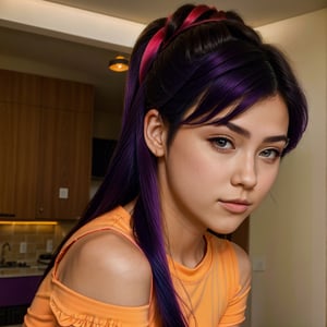 girl anime hair curled flouresente shiny, color purple neon orange neon