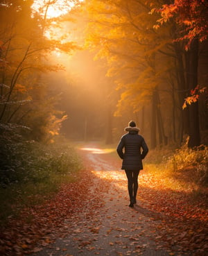 A warm autumn afternoon sun casts a golden glow on a scenic woodland path, where crunchy leaves carpet the ground. A lone figure, dressed in cozy layers, walks slowly, hands shoved deep into pockets, as nature's final dance before winter begins.