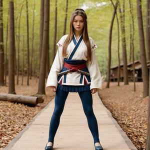 4k, realistic, very detail, there is a girl on a wood, she is a samurai, war theme, soft clothes, long hair, wearing legging, 25 years old, full body, wearing gucci shoes