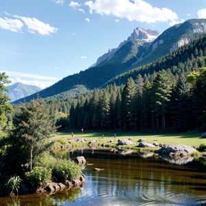 detailed watercolor landscape, beautiful detailed trees, lush green foliage, serene lake, snow-capped mountains in the distance, warm golden sunlight, soft pastel colors, impressionist brushstrokes, atmospheric haze, reflections on the water, detailed rocky shoreline, dense forest in the foreground, (best quality,4k,8k,highres,masterpiece:1.2),ultra-detailed,(realistic,photorealistic,photo-realistic:1.37),landscape painting