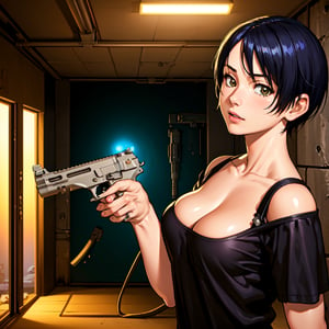 Photos, (Photorealistic: 1.4), (Hyperrealistic: 1.4), (Cinematic: 1.5), Woman in her 20s, Japan, Woman with a Gun, (Desert Eagle), Nikita, Night, Blue Light, Tension, Short Hair, Holding a Gun in Two Hands, Basement, Black T-Shirt, Electrical Cord on Wall, Water Pipe