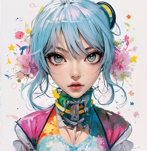 (masterpiece), (best quality), (ultra detailed),(disheveled hair),(illustration), (1girl), (Fashionable clothing), standing, Fashion model, looking at viewer, (interview), (simple background),beautiful detailed eyes, delicate beautiful face, Floating,(high saturation),(colorful splashes),colorful bubble,(shining), focus on face, ponytail, kamisato ayaka, light blue hair, bangs, hair ring, floating flowers, floating hairs, (shining), best lighting, best shadow,