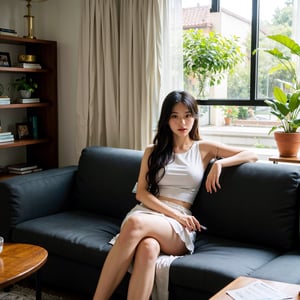 living room, couch, window, curtains, dappled sunlight, potted plant, table, cabinet,bookshelf, paper, desk lamp, typewriter, girl sitting on sofa