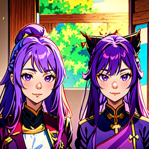 anime girl with purple hair and purple eyes in a purple outfit, ayaka genshin impact, [[[[grinning evily]]]], akasuki voidstar, onmyoji portrait, hajime yatate, anime moe artstyle, portrait knights of zodiac girl, keqing from genshin impact, ayaka game genshin impact