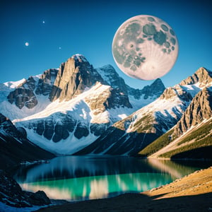 mountains and a lake with a moon in the sky, 4k highly detailed digital art, 4 k hd wallpaper very detailed, impressive fantasy landscape, sci-fi fantasy desktop wallpaper, unreal engine 4k wallpaper, 4k detailed digital art, sci-fi fantasy wallpaper, epic dreamlike fantasy landscape, 4k hd matte digital painting, 8k stunning artwork  