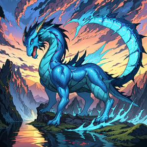 a detailed illustration of a blue dragon, with intricate scales and mesmerizing eyes, soaring through a fantasy landscape with majestic mountains and cascading waterfalls, surrounded by wisps of ethereal clouds and a vibrant sunset sky. (best quality,4k,8k,highres,masterpiece:1.2),ultra-detailed,realistic,photorealistic:1.37, with vibrant colors and dramatic lighting.