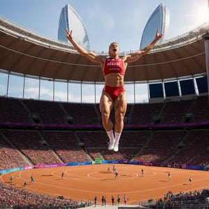 a spectacular Olympic Games, a group of athletes competing in various sports, high dynamic range, 8k, highly detailed, photorealistic, professional sports photography, dramatic lighting, vibrant colors, muscular male and female athletes, athletes in motion, dynamic poses, crowds cheering, stadium atmosphere, national flags, gold medals, dramatic sports action